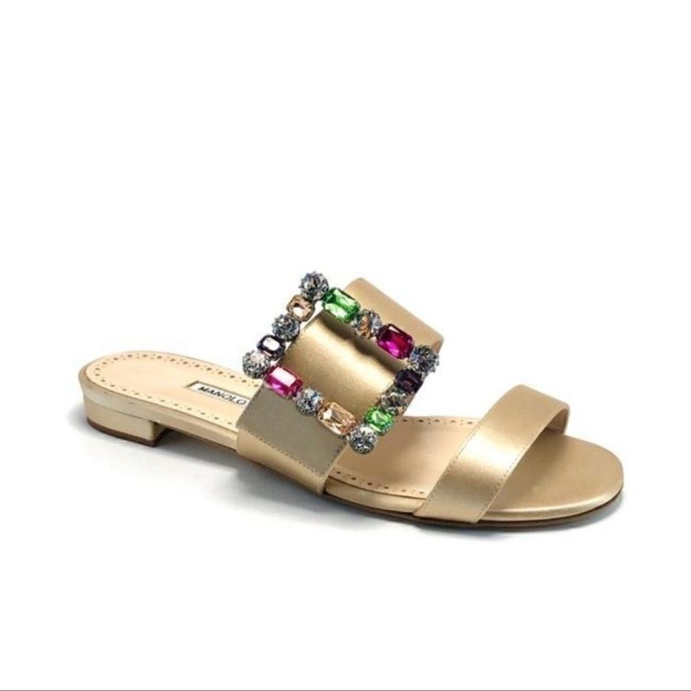 Manolo Blahnik Beige/Nude Rhinestone Verda Flat Sandal EU 40